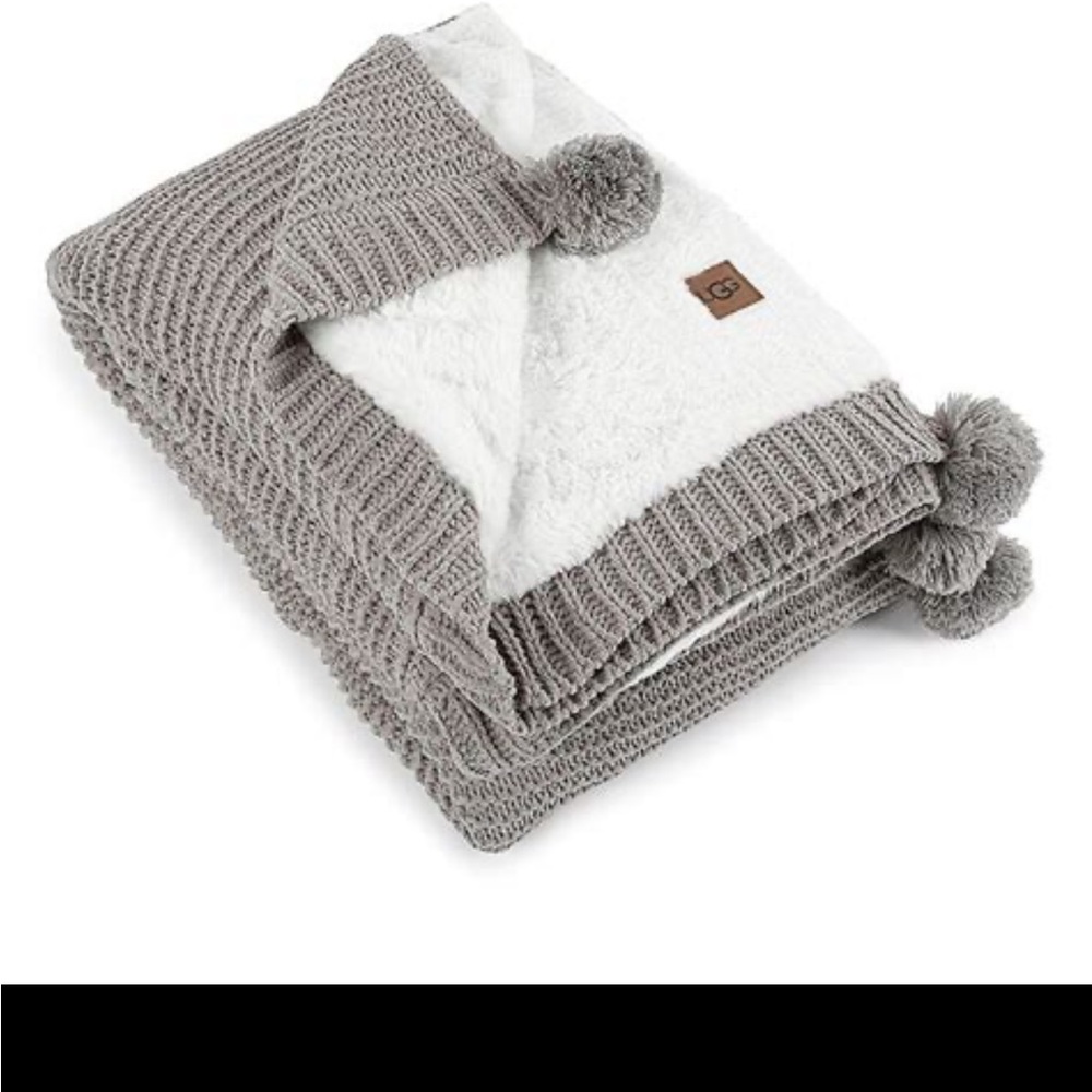 UGG Gray and White Knit Blanket with Pom Poms